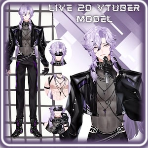 Puede incluir: Un modelo VTuber Live 2D que muestra un personaje con cabello violeta claro, vistiendo una chaqueta negra corta, una blusa oscura transparente y pantalones negros con detalles en violeta. El personaje lleva cadenas plateadas y guantes negros.