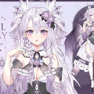 May include: An illustration featuring a female anime character with long white hair, purple eyes, and a black and white dress. The image includes the text "MODEL DISPLAY" and additional design elements in purple.