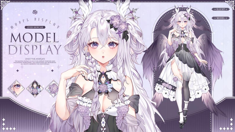May include: An illustration featuring a female anime character with long white hair, purple eyes, and a black and white dress. The image includes the text "MODEL DISPLAY" and additional design elements in purple.