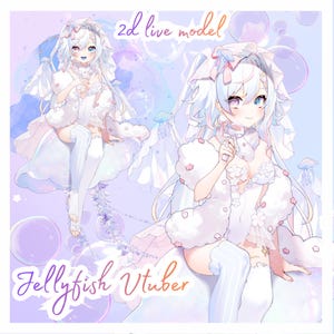 Puede incluir: Ilustración de un modelo 2D en vivo, una Vtuber medusa, en una paleta de colores pastel suaves. El personaje tiene pelo largo y blanco y lleva un atuendo blanco con detalles de nubes y florales. El fondo presenta burbujas y medusas.
