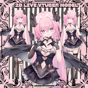 May include: A 2D Live VTuber model illustration featuring a character with pink hair and a black outfit. The image shows the model in three poses, with a heart gesture in the center. The background is pink with black and white stripes and floral designs.
