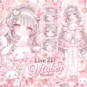 May include: A digital illustration of a Live 2D Vtuber model featuring a character with long light hair, pink eyes, and bunny-themed accessories. The character is surrounded by pink flowers, hearts, and small white rabbits. The text Live 2D Vtuber Model is centered.