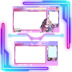 Puede incluir: Un dise&ntilde;o de superposici&oacute;n de transmisi&oacute;n digital con un esquema de color rosa y morado y un fondo geom&eacute;trico. El dise&ntilde;o incluye dos ventanas de visualizaci&oacute;n principales, una ilustraci&oacute;n de personaje y elementos decorativos.