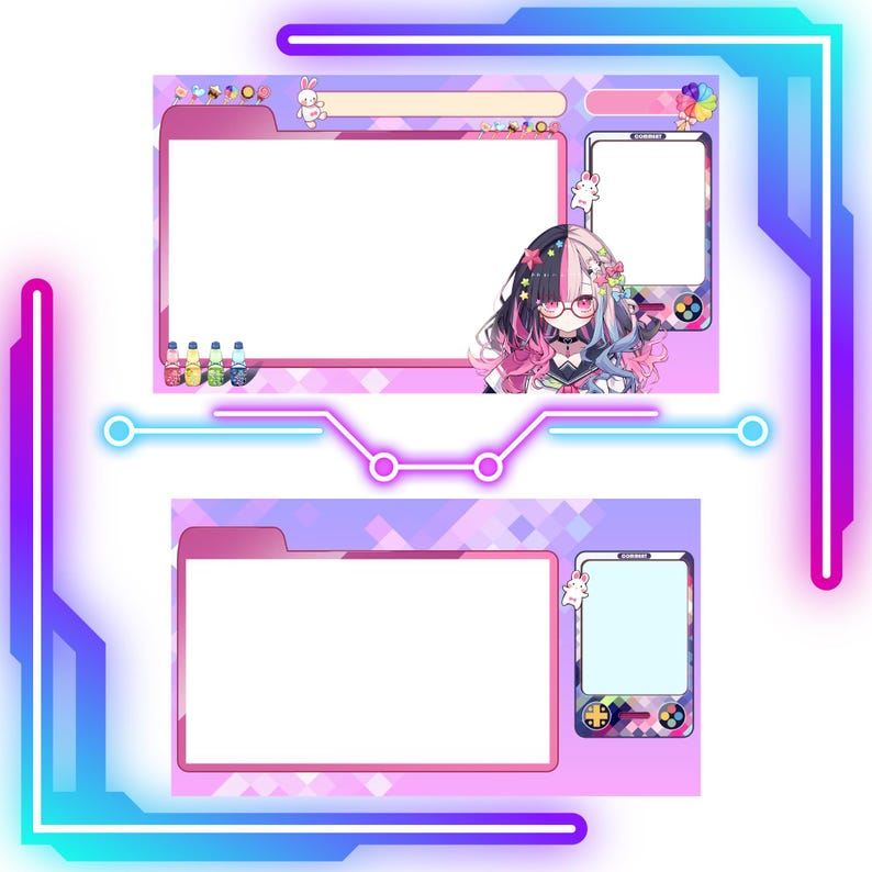 Puede incluir: Un dise&ntilde;o de superposici&oacute;n de transmisi&oacute;n digital con un esquema de color rosa y morado y un fondo geom&eacute;trico. El dise&ntilde;o incluye dos ventanas de visualizaci&oacute;n principales, una ilustraci&oacute;n de personaje y elementos decorativos.