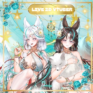 May include: An illustration featuring two anime-style characters with fox ears and tails, adorned with intricate jewelry and floral accents. The characters are set against a teal and gold background with the text "LIVE 2D VTUBER". One character holds a small white fox.