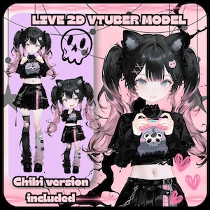 Può includere: Illustrazione digitale di un modello Vtuber 2D dal vivo. Il modello ha capelli neri con riflessi rosa, orecchie da gatto e un outfit a tema teschio. Include una versione chibi.