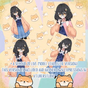 Puede incluir: Ilustraci&oacute;n digital de un personaje de estilo anime con cabello negro, gafas y una chaqueta rosa. El fondo presenta un patr&oacute;n repetido de perros Shiba Inu y huesos. El texto en la imagen dice: "A SECOND 2D LIVE MODEL (THE CUTIE VERSION)."