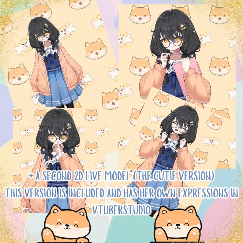 Puede incluir: Ilustraci&oacute;n digital de un personaje de estilo anime con cabello negro, gafas y una chaqueta rosa. El fondo presenta un patr&oacute;n repetido de perros Shiba Inu y huesos. El texto en la imagen dice: "A SECOND 2D LIVE MODEL (THE CUTIE VERSION)."