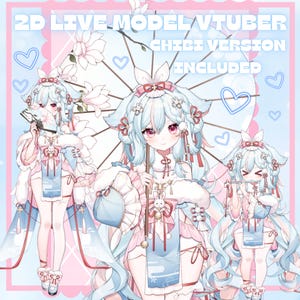 以下が含まれることがあります： 2DライブモデルVTuberのChibiバージョンのデジタルイラスト。キャラクターは水色の髪、ピンクの目を持ち、花柄とウサギのアクセントが付いた水色とピンクの衣装を着ています。画像には「2D Live Model VTuber Chibi Version Included」というテキストが含まれています。