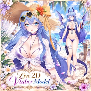 May include: A Live 2D Vtuber model featuring a character with long blue hair, purple eyes, and small horns. The character wears a dark purple bikini, a white tied shirt, and a straw hat with heart-shaped sunglasses. The text reads Live 2D Vtuber Model.