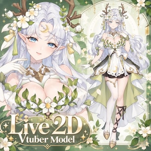 May include: A Live 2D Vtuber model featuring a character with long white hair, pointed ears, and deer antlers adorned with white flowers. The character wears a white and green dress with floral accents, a crescent moon forehead ornament, and lace-up footwear.