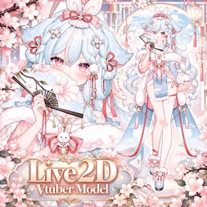 May include: A Live2D Vtuber model illustration featuring a character with light blue hair, pink eyes, and rabbit-themed accessories. The character wears a white and blue outfit with pink ribbons, holding a folding fan amidst cherry blossoms.