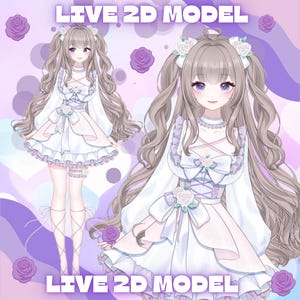 Könnte beinhalten: Digitale Illustration eines weiblichen Anime-Charakters in einem weißen und rosa Kleid mit langen, welligen braunen Haaren. Der Charakter hat lila Augen und florale Akzente. Der Text "LIVE 2D MODEL" wird in Weiß angezeigt.