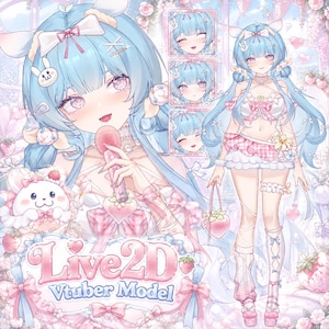 Puede incluir: Una ilustración digital de un personaje de anime con cabello azul y accesorios de conejo, vistiendo un conjunto rosa y blanco con lazos y motivos de fresas. El texto Live2D Vtuber Model aparece junto al personaje con micrófono.