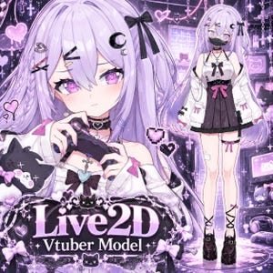 May include: A digital illustration of a character with long light purple hair, wearing a white and black outfit with pink accents, a choker, and a face mask. The character holds a game controller. The text Live2D Vtuber Model is visible.