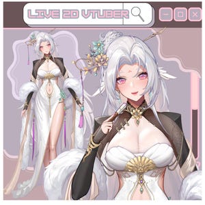 Puede incluir: Ilustración digital de un personaje femenino de estilo anime, con cabello blanco y ojos rosados. Viste un vestido blanco con detalles dorados, mangas negras y un chal con ribete de piel. El texto "LIVE 2D VTUBER" está incluido.