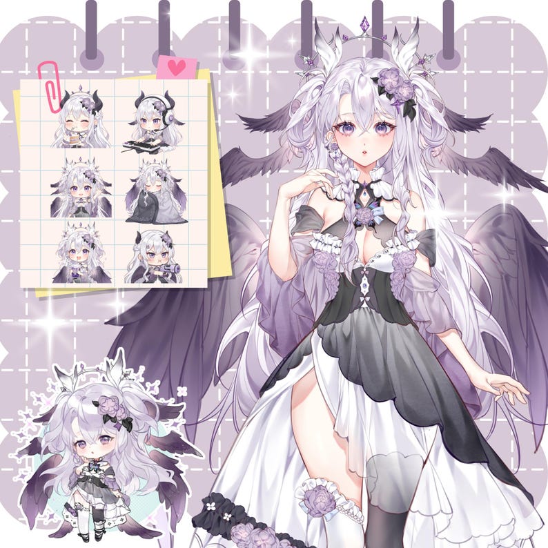 May include: An anime-style illustration of a character with long white hair, purple eyes, and large black wings. The character wears a black and white dress with purple accents. A smaller chibi version of the character is also shown, along with several sticker-like images.