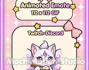Animated Emote Chibi Purple Fox 9 Tails -Twitch-Discord-Transparent GIF-Ready to use-Streaming-Cute-Kawaii-HQ-Heart-Love-Digital Art-Eating.
