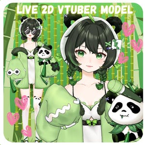May include: Digital illustration of a Live 2D VTuber model with a panda theme. The character has green eyes, black hair, and wears a green and white outfit with panda accessories. The background features bamboo stalks and pink heart shapes.