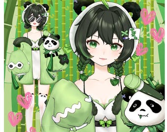 Modelo Vtuber de chica panda verde, Chibi 2D con armazón completo (Vtubestudio, transmisión OBS)