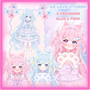 May include: Digital artwork showcasing two versions of a 2D Live Vtuber character, one in blue and one in pink. The characters have cat ears, long hair, and wear dresses. The image includes text that reads "2D LIVE VTUBER" and "2 VERSIONS BLUE & PINK."