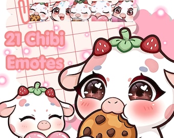 Strawberry Cow Chibi Emotes- Streamer-Animated Emotes-Twitch-HQ-Emote-Ready to use-Cute-Anime-Kawaii