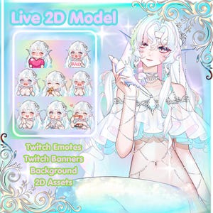 May include: An illustration of a Live 2D Model in white and blue. The image features a character holding a seashell, and a set of Twitch emotes. Text on the image reads "Live 2D Model", "Twitch Emotes", "Twitch Banners", "Background", and "2D Assets".