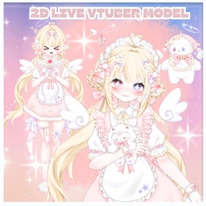 May include: Digital illustration of a 2D Live VTuber model. The model has long blonde hair, pink eyes, and wears a pink and white dress with angel wings. A plush lamb toy is also featured.