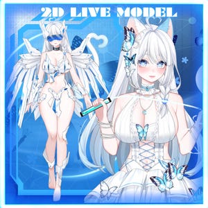 Peut inclure: Illustration numérique d'un modèle 2D Live Model aux cheveux blancs et aux yeux bleus, orné d'éléments papillon. Le modèle porte une tenue blanche avec des éléments futuristes et des ailes d'ange, sur fond numérique bleu.
