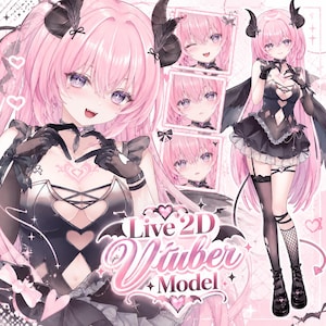 May include: A Live 2D Vtuber model featuring a character with long pink hair, dark horns, and a black outfit with heart cutouts. The character is shown in multiple expressions alongside the text Live 2D Vtuber Model in a decorative font.