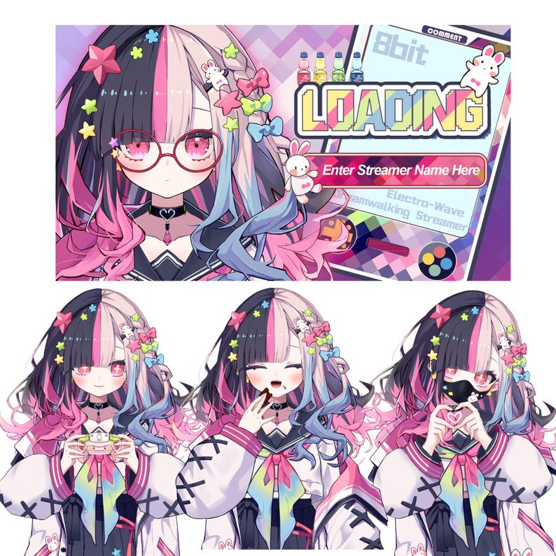 Puede incluir: Ilustraci&oacute;n digital de un personaje con cabello negro y rosa, con gafas y un collar negro. La imagen incluye el texto "8bit LOADING" y "Enter Streamer Name Here". El personaje est&aacute; rodeado de estrellas y lazos coloridos.