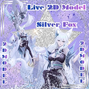 Pode incluir: Arte digital de um personagem de anime com cabelo prateado e orelhas de raposa, vestindo uma roupa escura com detalhes azuis. O texto "Live 2D Model" e "Silver Fox" é exibido em um fundo brilhante.