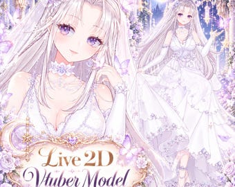 May include: A digital illustration of a character in a white wedding dress with a veil, long hair, and purple eyes, surrounded by purple flowers and butterflies. The text Live 2D Vtuber Model is displayed in a decorative gold frame.