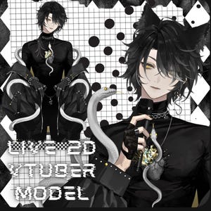 Può includere: Un modello VTuber Live2D raffigurante un personaggio in stile anime con capelli neri, orecchie da gatto e occhi gialli. Il personaggio indossa un dolcevita nero, guanti neri e una collana a forma di serpente argentato. Un serpente bianco avvolge il personaggio che tiene un microfono.
