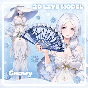 May include: An illustration of a woman in a white dress and hat, holding a blue and white fan. The image has the text "2D LIVE MODEL" and the name "Snowy". The background is light blue with snowflake designs.