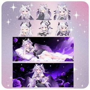 May include: A collection of anime-style illustrations featuring a character with white hair, horns, and wings. The images showcase the character in various poses and settings, with a color palette dominated by purple, black, and white.