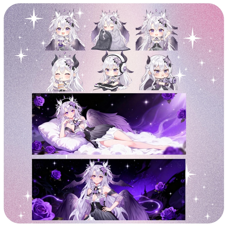 May include: A collection of anime-style illustrations featuring a character with white hair, horns, and wings. The images showcase the character in various poses and settings, with a color palette dominated by purple, black, and white.