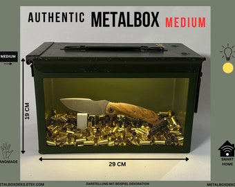 MetalBOX Vitrine MEDIUM, beleuchtet - Munitionskiste NATO, Messervitrine, Home Deko, Metallbox, Metallkiste, Smart Home