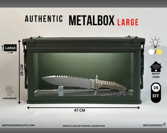 MetalBOX Vitrine LARGE, beleuchtet - Munitionskiste NATO, Messervitrine, Home Deko, Metallbox Metallkiste, Smart Home oder Schalterbedienung