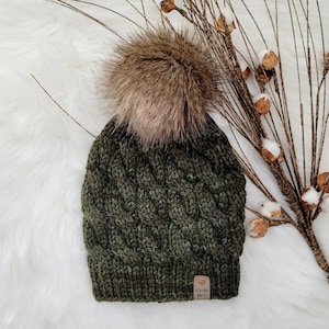 Luxury adult handknit winter hat with faux fur pompom/The Azahar Beanie --100% Merino wool/handmade beanie/women's hat/gift for her/olive