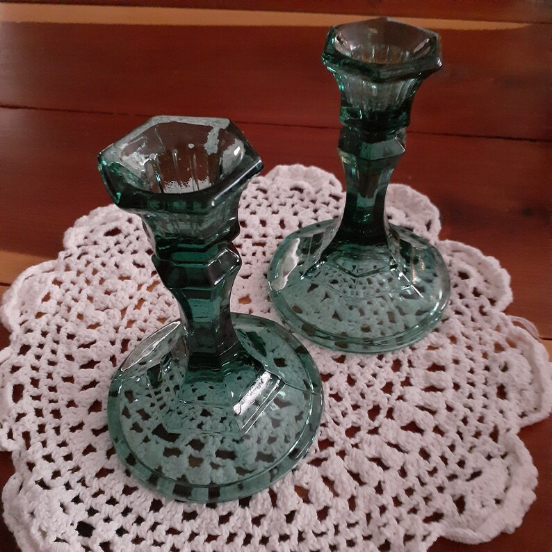 Two Vintage Green Glass Candle Holders Etsy
