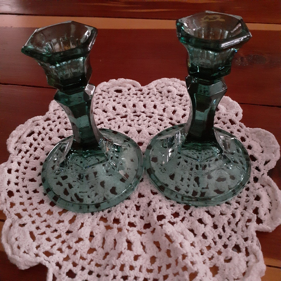 Two Vintage Green Glass Candle Holders Etsy