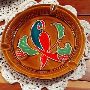 Vintage Folk Art Painted Ashtray with a Bird