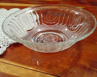 Vintage Kig Indonesia Glass Rose Pattern Serving Bowl