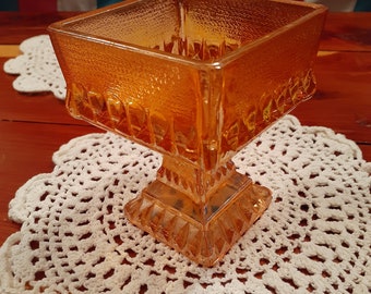 1960's Jeanette Glass Wedding Cake Box Pedestal Candy Dish in Apricot
