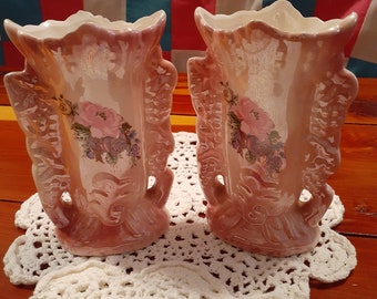 1930 Pink China Bone Vases of the Bride Set