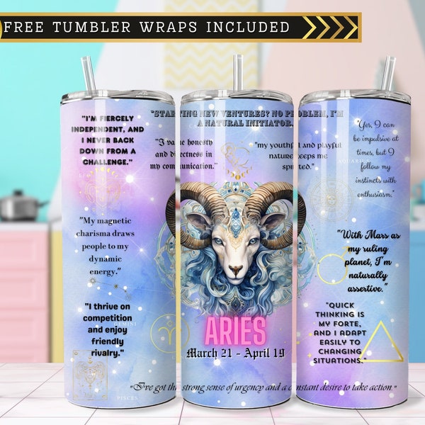 Aries Zodiac Sign Affirmation 20oz Skinny Tumbler Wrap Sublimation Design PNG, Pastel Tumbler Bundle, Constellation Horoscope Astrology Star