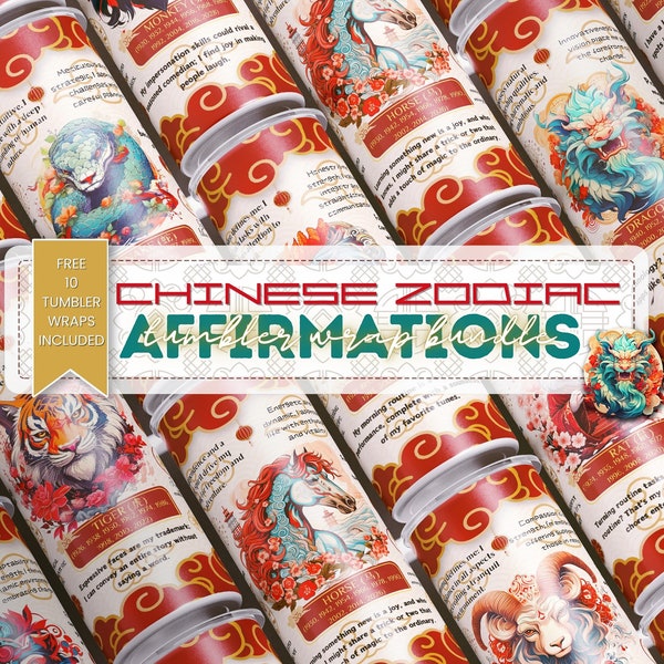 Chinese Zodiac Signs Affirmations 20oz Skinny Tumbler Wrap Sublimation Design PNG, Chinese New Year Tumbler Bundle, Horoscope Lunar Animals