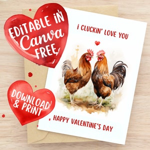 Plantilla divertida de tarjeta de San Valentín con pollo imprimible, descargar tarjeta de pollo en acuarela, editar en Canva, regalo descargable romántico DIY