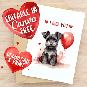 印刷可能なシュナウザーのバレンタインデー カード テンプレート、かわいいペン アートのシュナウザー犬カードをダウンロード、Canva で編集、DIY ロマンチックなダウンロード可能なギフト